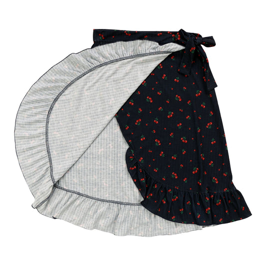 Ribbed Asymmetrical Ruffle Long Skirt (Cherries Pattern)