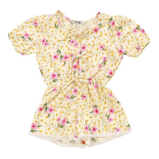 Puff-Sleeve Bows Romper (Yellow Floral)