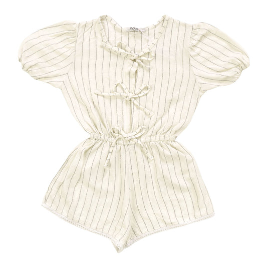 Puff-Sleeve Bows Romper (Vertical Stripes)