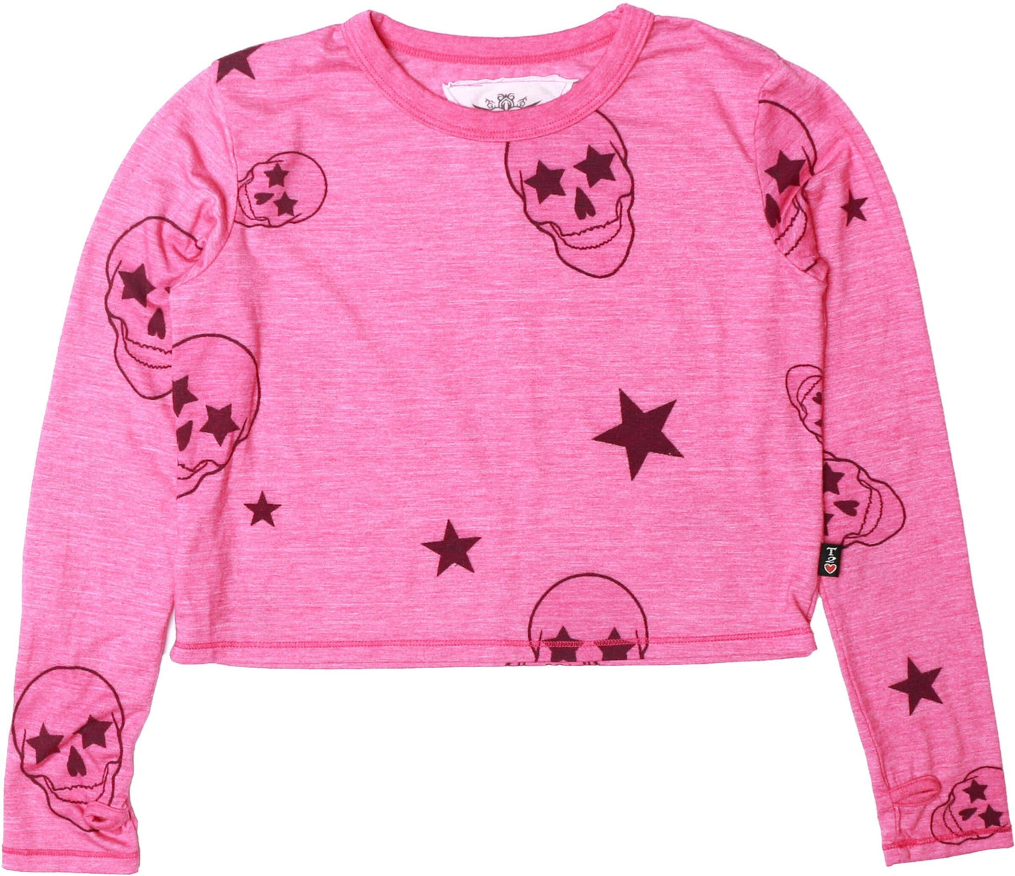 Long-Sleeved Boxy Tee with Thumbholes (Pink Skulls Pattern)