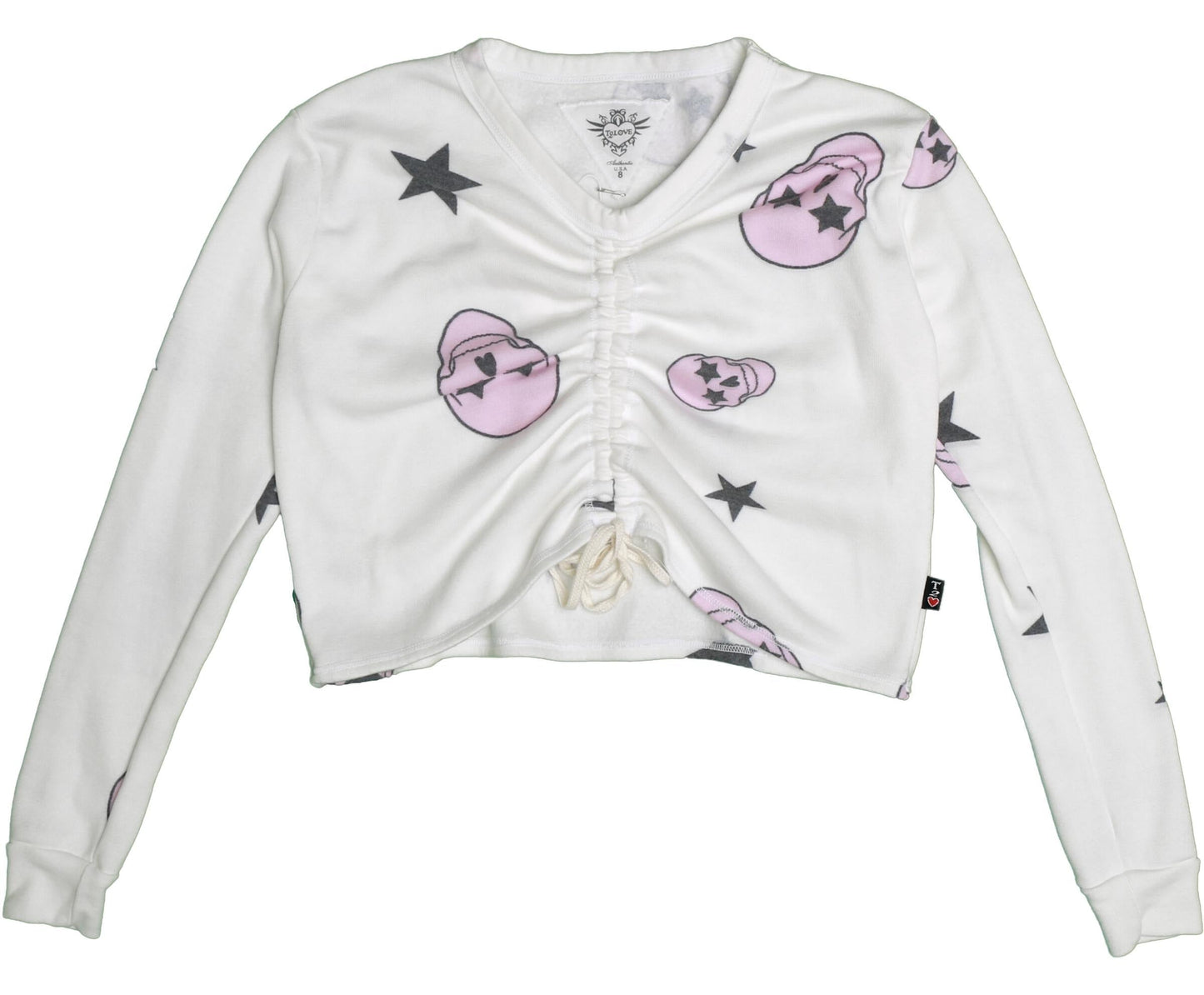 Gather-Front Long-Sleeved Shirt (Pink Skulls Pattern)