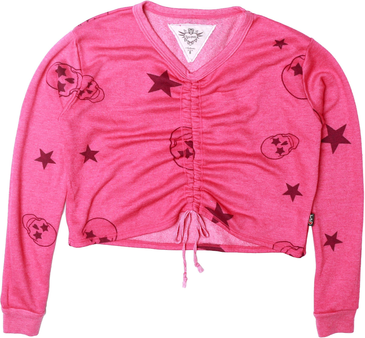 Gather-Front Long-Sleeved Shirt (Pink Skulls Pattern)