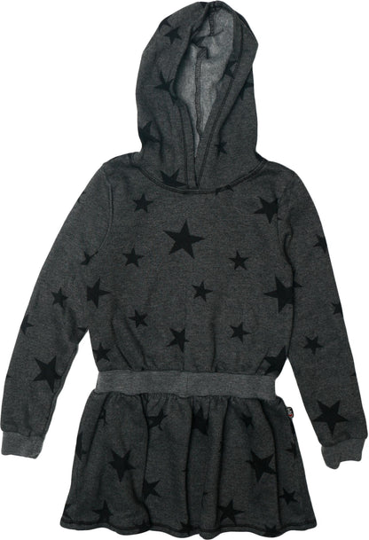 Hooded Long-Sleeved Dress (Charcoal Stars Pattern)