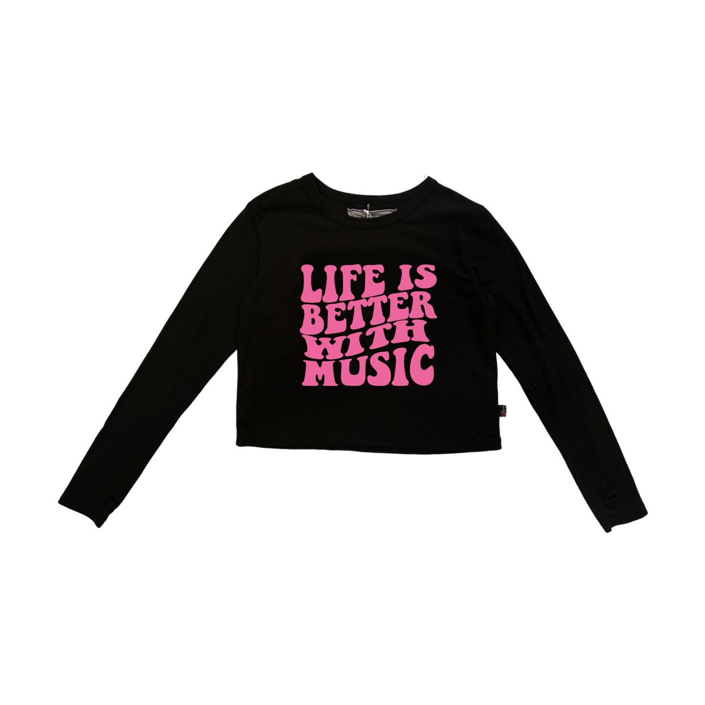 Long-Sleeved Boxy Tee with Thumbholes ("LIFE IS BETTER WITH MUSIC")