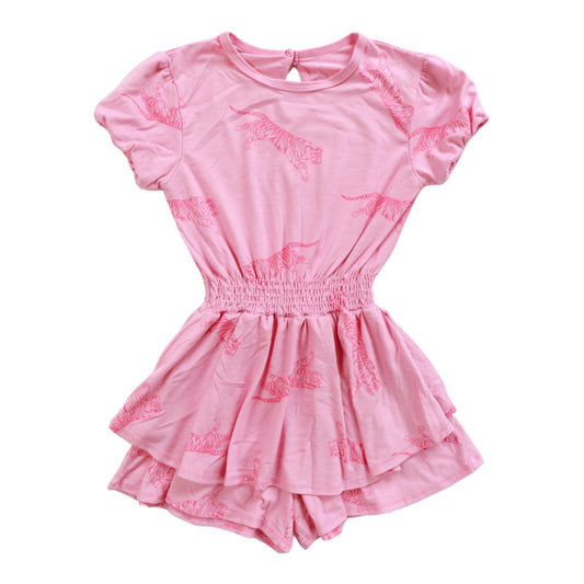 Double-Layer Puff-Sleeve Romper (Tiger Pattern)