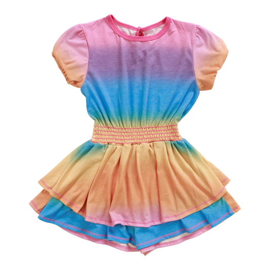 Double-Layer Puff-Sleeve Romper (Multi-Colored Ombre)