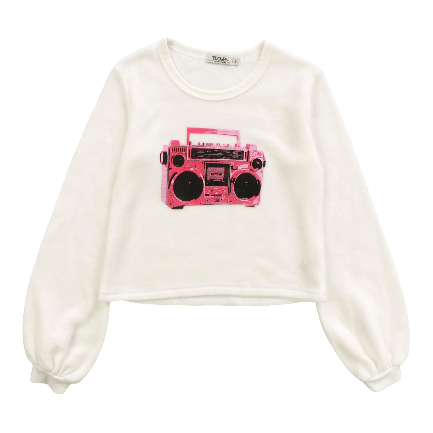 Puffy Long-Sleeve Crewneck Shirt (Reversed-Fabric Boombox Print)