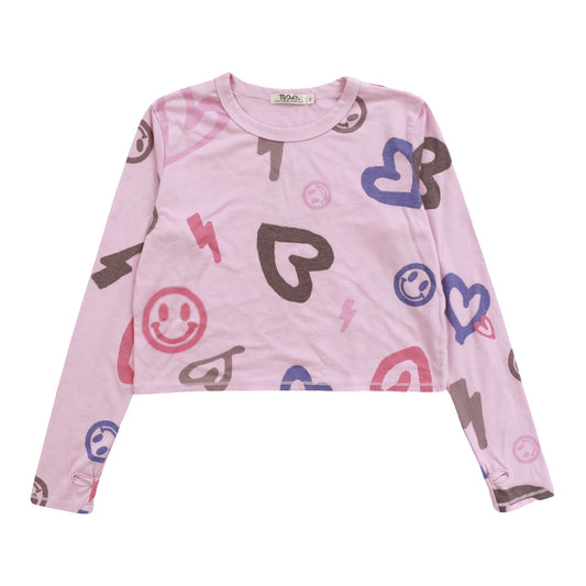 Heather Long-Sleeved Boxy Tee with Thumbholes (Heart, Happy Face, Bolt Pattern)