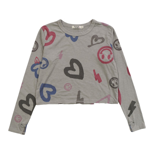 Heather Long-Sleeved Boxy Tee with Thumbholes (Heart, Happy Face, Bolt Pattern)