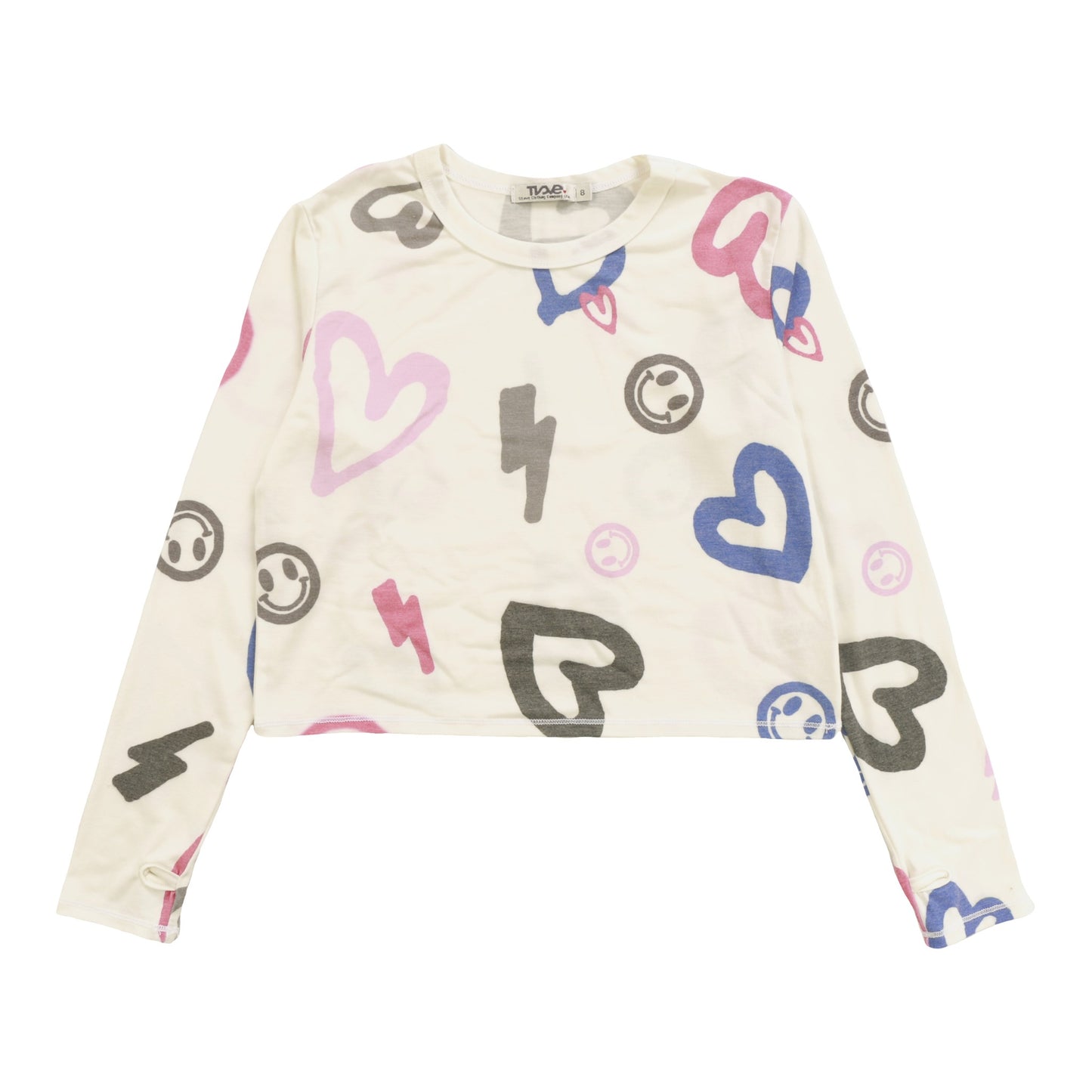 Heather Long-Sleeved Boxy Tee with Thumbholes (Heart, Happy Face, Bolt Pattern)