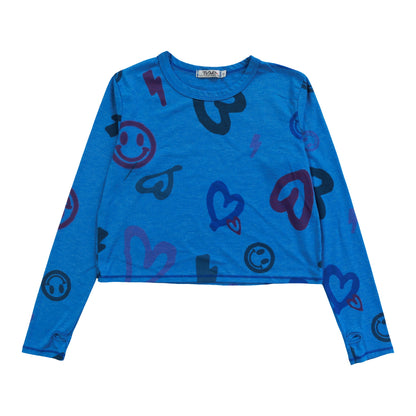 Heather Long-Sleeved Boxy Tee with Thumbholes (Heart, Happy Face, Bolt Pattern)