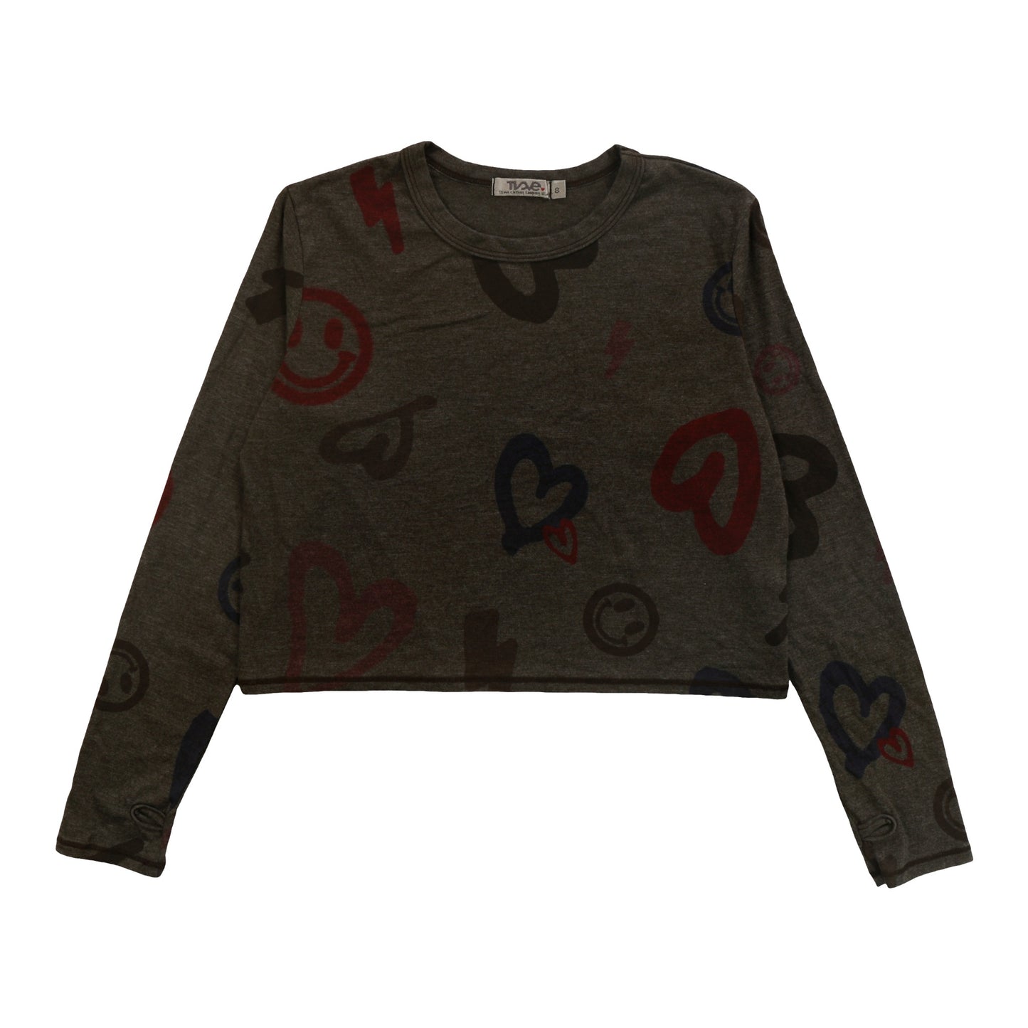 Heather Long-Sleeved Boxy Tee with Thumbholes (Heart, Happy Face, Bolt Pattern)