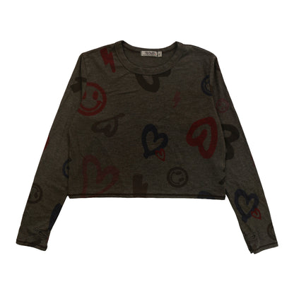 Heather Long-Sleeved Boxy Tee with Thumbholes (Heart, Happy Face, Bolt Pattern)