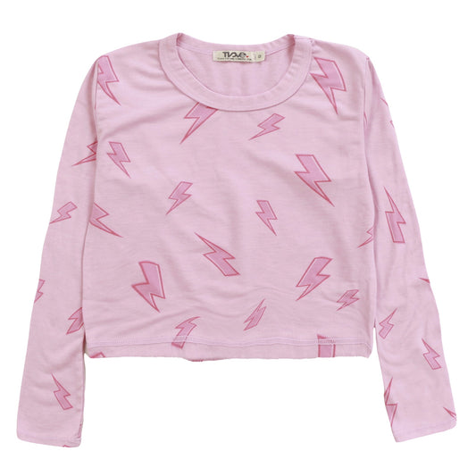 Heather Long-Sleeved Boxy Tee with Thumbholes (Pink Bolt Pattern)