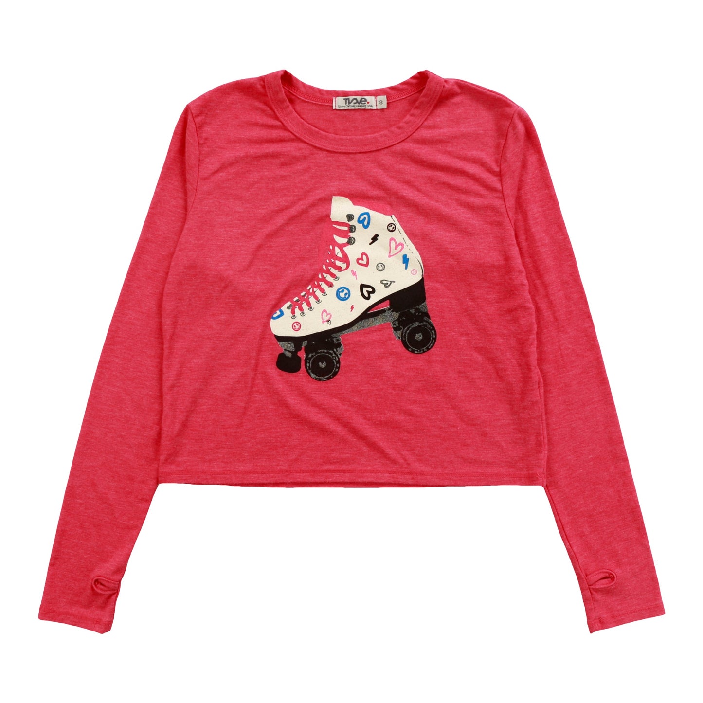 Heather Long-Sleeved Boxy Tee with Thumbholes (Roller Skate Print)