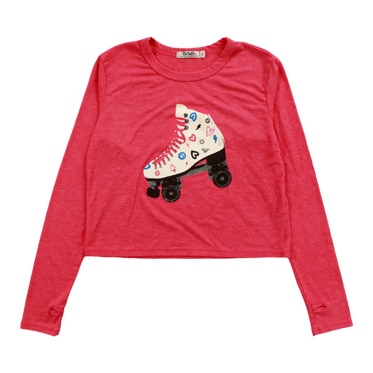 Heather Long-Sleeved Boxy Tee with Thumbholes (Roller Skate Print)