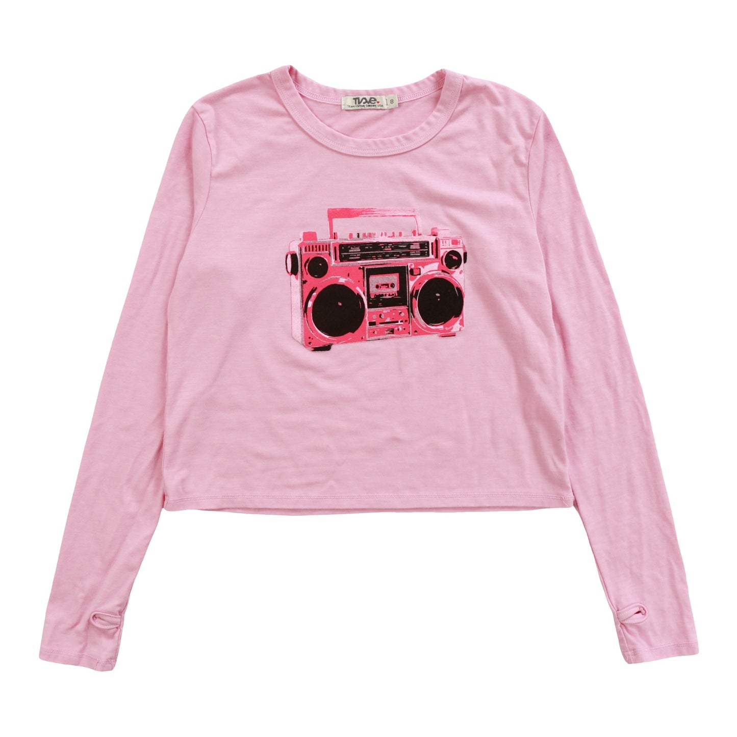 Heather Long-Sleeved Boxy Tee with Thumbholes (Boombox Print)