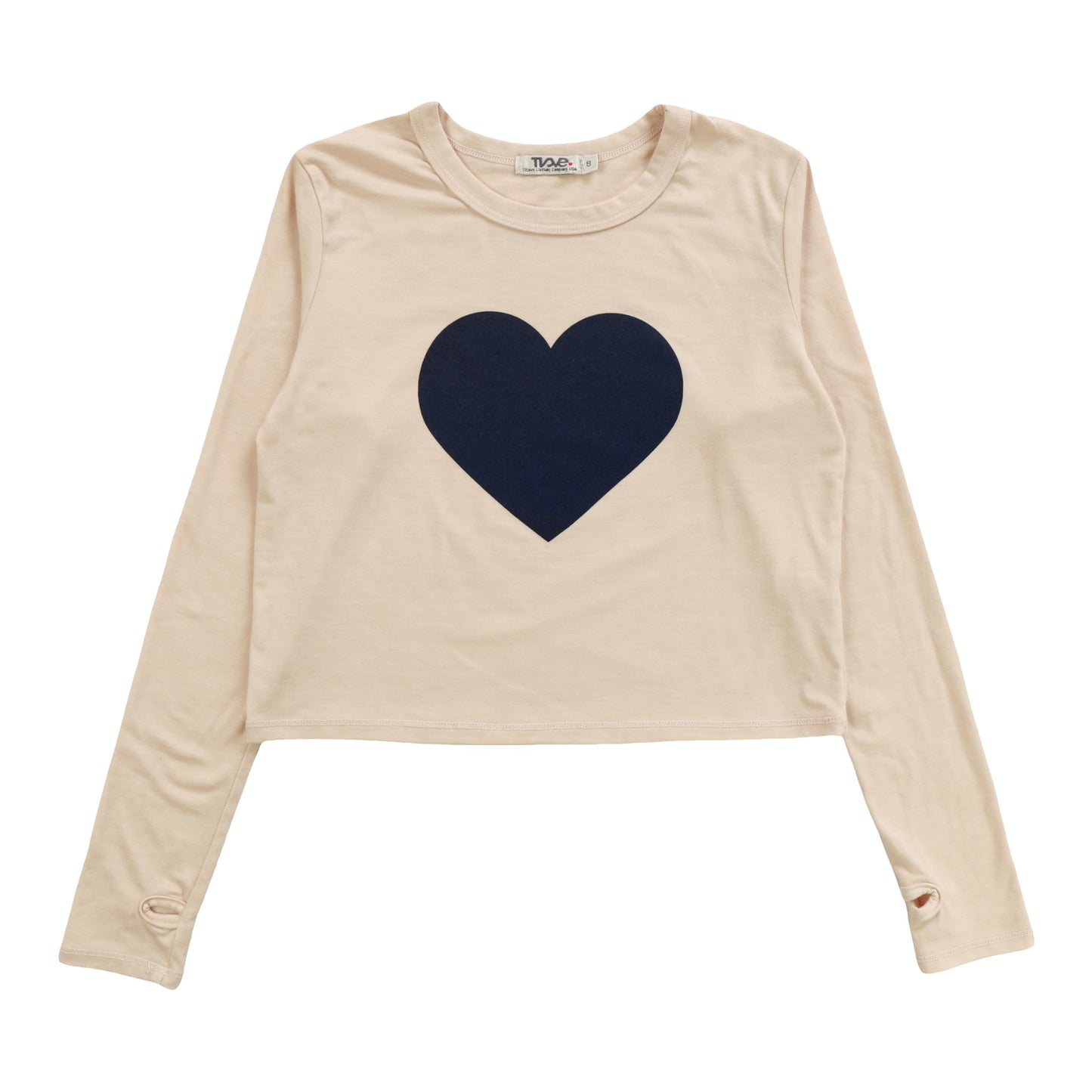 Long-Sleeved Boxy Tee with Thumbholes (Navy Heart Print)