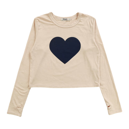 Long-Sleeved Boxy Tee with Thumbholes (Navy Heart Print)