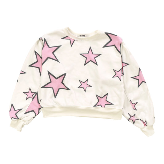 Seamed-Sleeve Pullover Crew (Pink Stars Pattern)