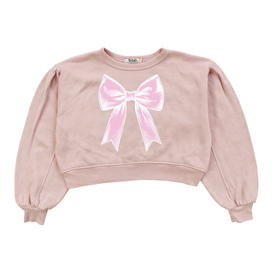 Seamed-Sleeve Pullover Crew (Pink Bow Print)