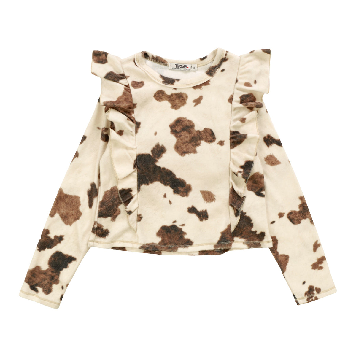 Ruffle-Front Long-Sleeved Pullover (Cow Pattern)