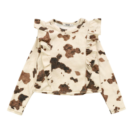 Ruffle-Front Long-Sleeved Pullover (Cow Pattern)