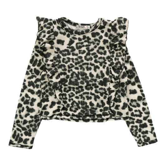 Ruffle-Front Long-Sleeved Pullover (Leopard Pattern)