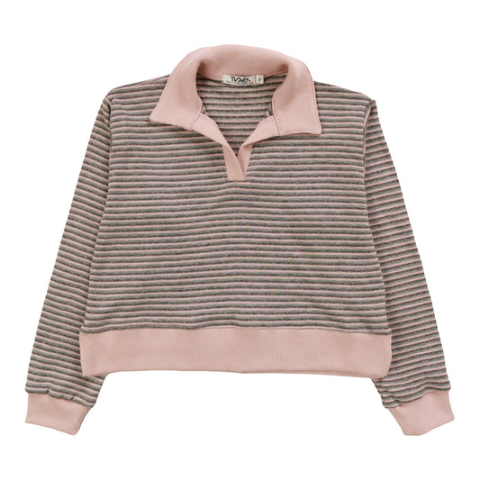 Collared Long-Sleeved Top (Gray Stripes)