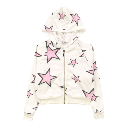 Wide Cropped Hooded Jacket (Pink Stars Pattern)