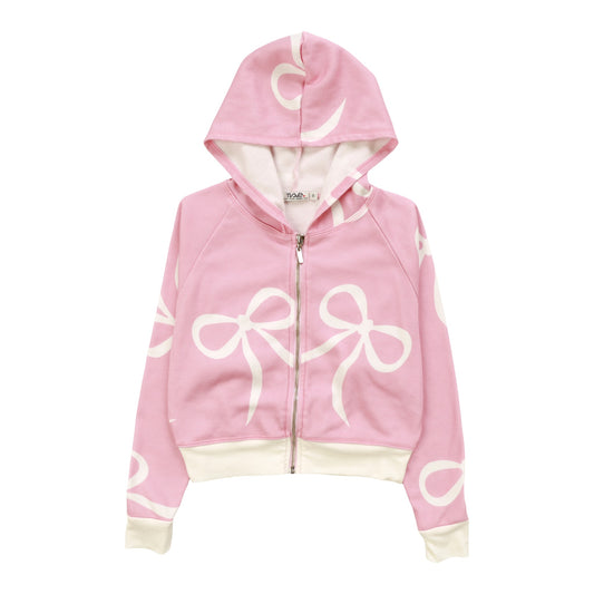 Wide Cropped Hooded Jacket (White Bow Pattern)
