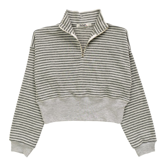 Quarter-Zip Mock-Neck Top (Gray Stripes)