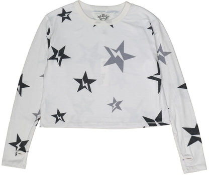 Long-Sleeved Boxy Tee with Thumbholes (Star Bolt Pattern)
