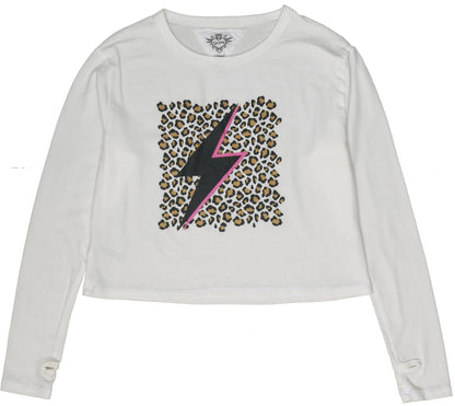 Long-Sleeved Boxy Tee with Thumbholes (Leopard Bolt Print)