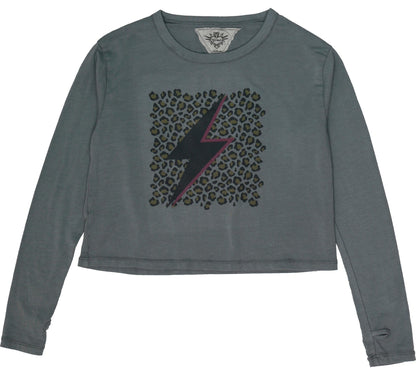 Long-Sleeved Boxy Tee with Thumbholes (Leopard Bolt Print)