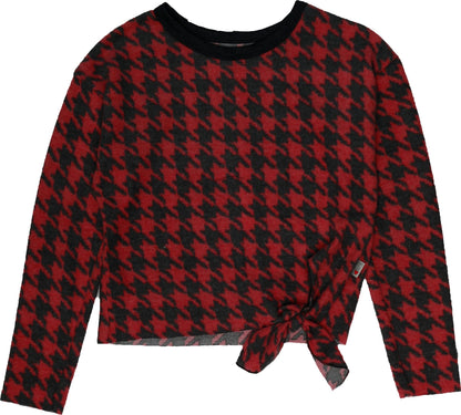 Side-Knot Crewneck Long-Sleeve Top (Houndstooth Pattern)