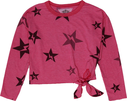 Side-Knot Crewneck Long-Sleeve Top (Star Bolt Pattern)