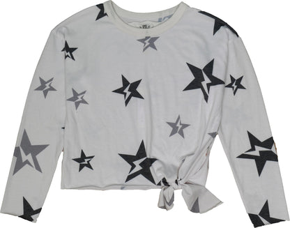 Side-Knot Crewneck Long-Sleeve Top (Star Bolt Pattern)