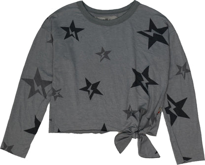Side-Knot Crewneck Long-Sleeve Top (Star Bolt Pattern)