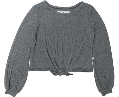 Puffed Long-Sleeved Tie-Front Top (Flat-Ribbed)