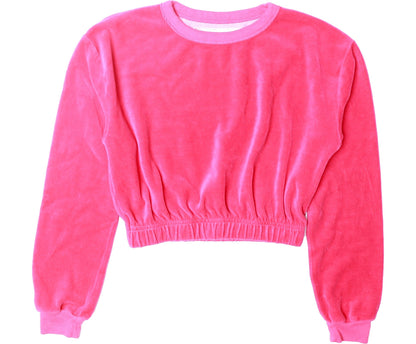 Cropped Elastic-Waisted Long-Sleeved Crew Top (Velour)