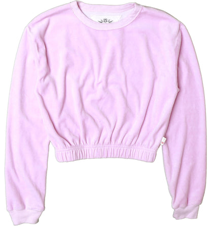 Cropped Elastic-Waisted Long-Sleeved Crew Top (Velour)