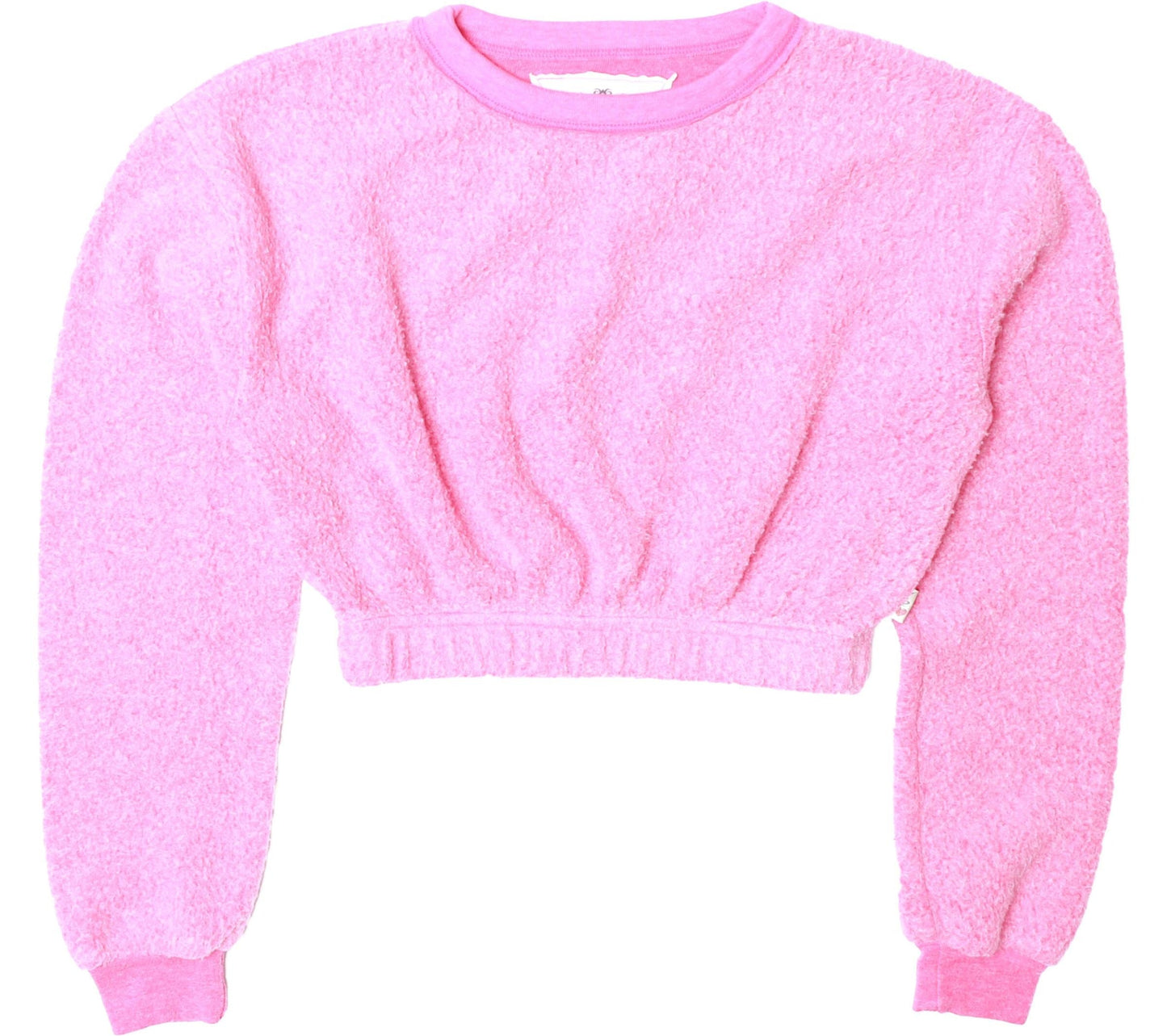 Cropped Elastic-Waisted Long-Sleeved Crew Top (Reversed-Fabric)