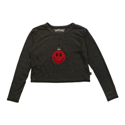 Long-Sleeved Boxy Tee with Thumbholes (Smiley Face Ornament)
