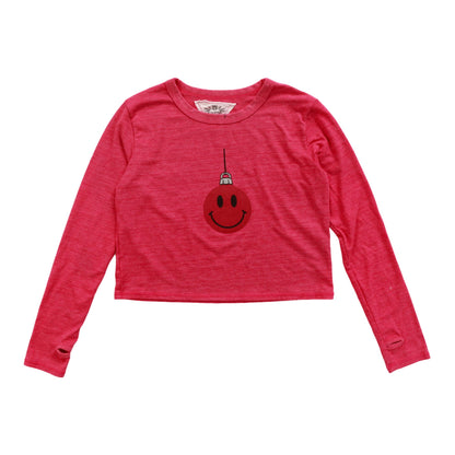 Long-Sleeved Boxy Tee with Thumbholes (Smiley Face Ornament)