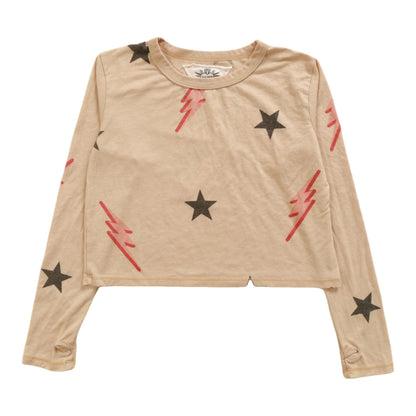 Long-Sleeved Boxy Tee with Thumbholes (Stars and Bolts Pattern)