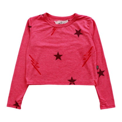 Long-Sleeved Boxy Tee with Thumbholes (Stars and Bolts Pattern)