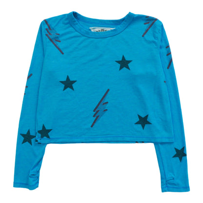 Long-Sleeved Boxy Tee with Thumbholes (Stars and Bolts Pattern)