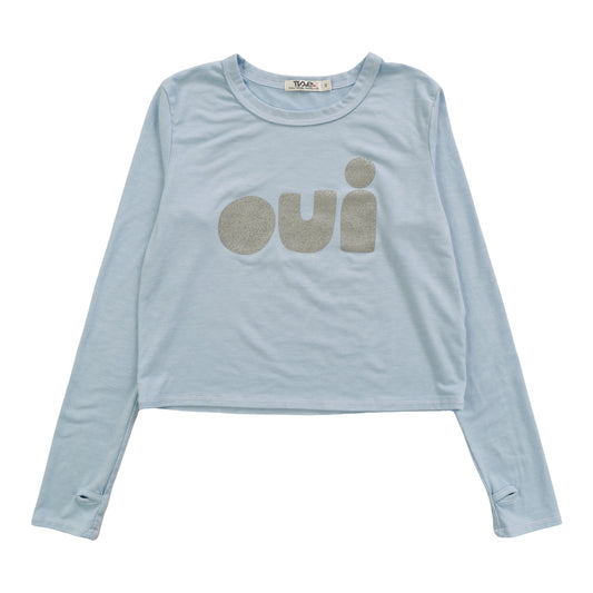 Heather Long-Sleeved Boxy Tee with Thumbholes ("oui")