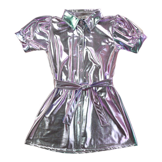 Short-Sleeved Collared Button-Front Dress (Multicolor Silver)
